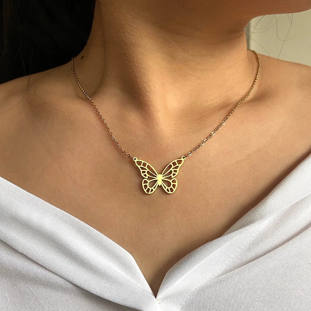 Stainless Steel Necklaces Elegant Hollow Butterfly Pendant Chain Collar Fashion Necklace For Women Jewelry Party Friends Gifts