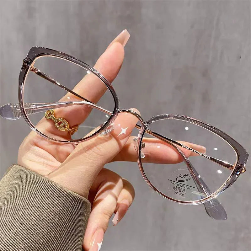 Round Frame Transparent Lens Reading Glasses Cat Eye Metal Computer Presbyopia Glasses High Definition Anti Blue Light Eyewear