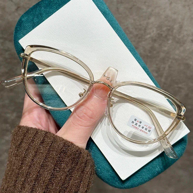 Round Frame Transparent Lens Reading Glasses Cat Eye Metal Computer Presbyopia Glasses High Definition Anti Blue Light Eyewear