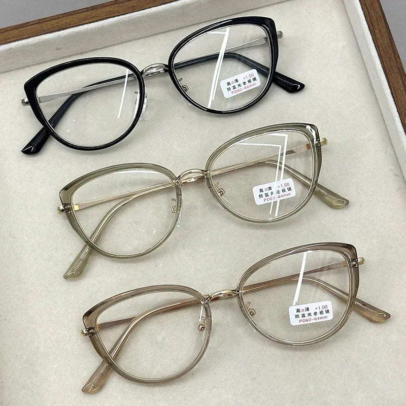 Round Frame Transparent Lens Reading Glasses Cat Eye Metal Computer Presbyopia Glasses High Definition Anti Blue Light Eyewear