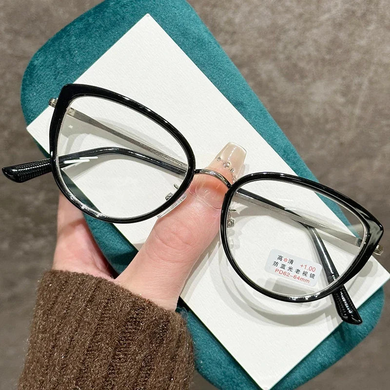 Round Frame Transparent Lens Reading Glasses Cat Eye Metal Computer Presbyopia Glasses High Definition Anti Blue Light Eyewear