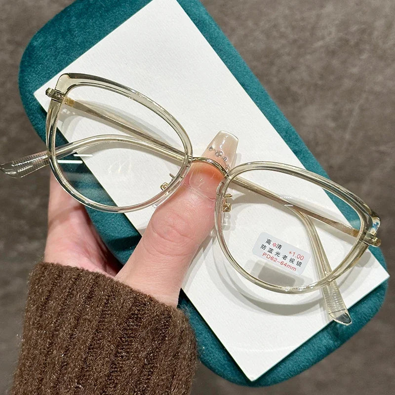 Round Frame Transparent Lens Reading Glasses Cat Eye Metal Computer Presbyopia Glasses High Definition Anti Blue Light Eyewear